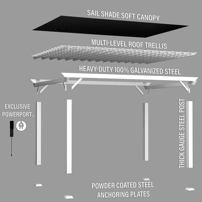 16x12 Hawthorne Traditional Steel Pergola With Sail Shade Soft Canopy