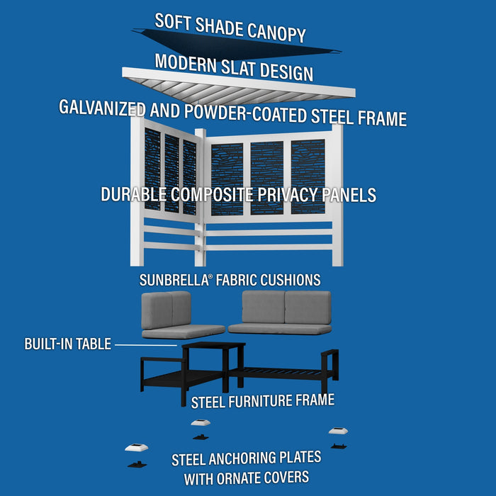 Ridgedale Modern Steel Corner Pergola with Conversational Seating